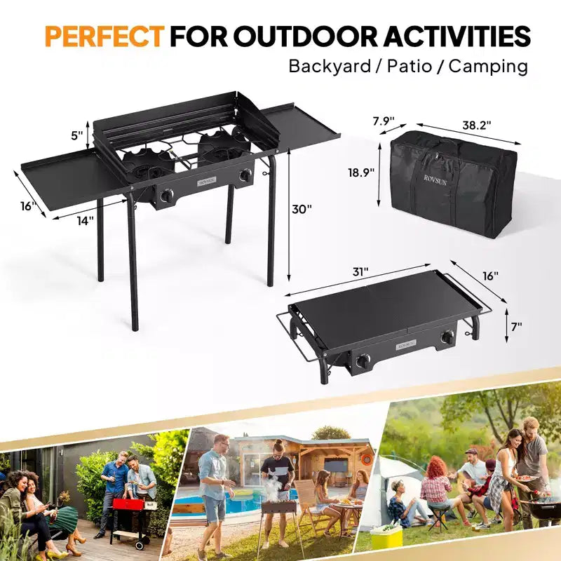 ROVSUN 2 Burner Portable Gas Stove with Carring Bag & Shelf, 150000BTU Outdoor Propane Burner with Regulator, Camping Cooker for Cooking Home Brewing