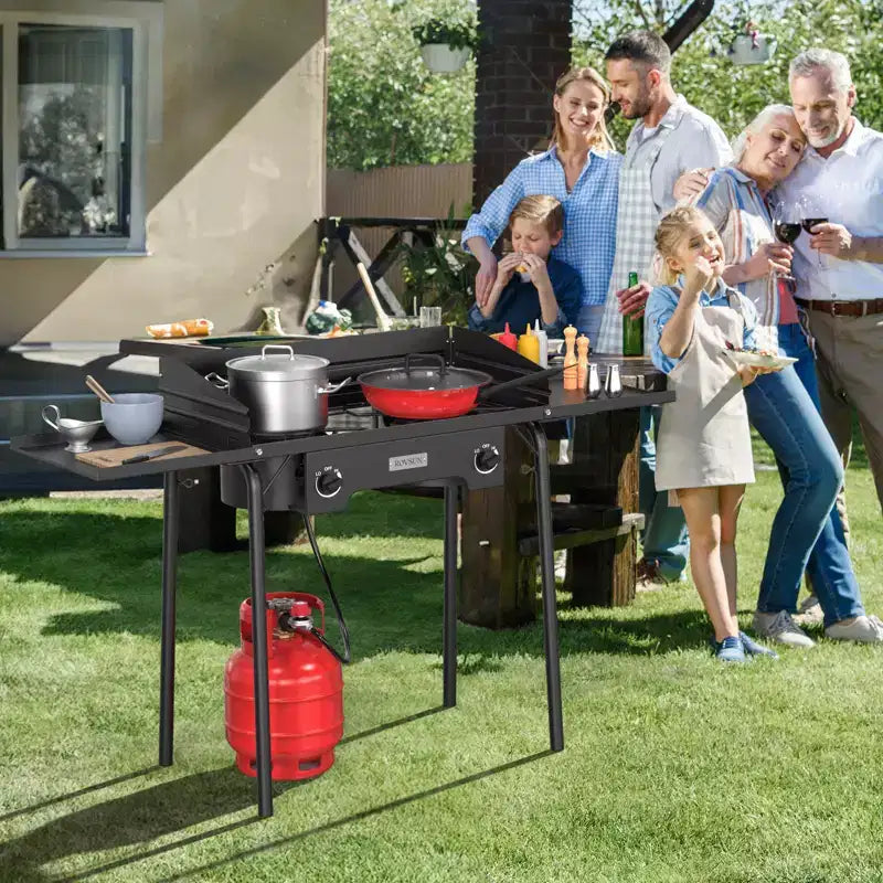 ROVSUN 2 Burner Portable Gas Stove with Carring Bag & Shelf, 150000BTU Outdoor Propane Burner with Regulator, Camping Cooker for Cooking Home Brewing