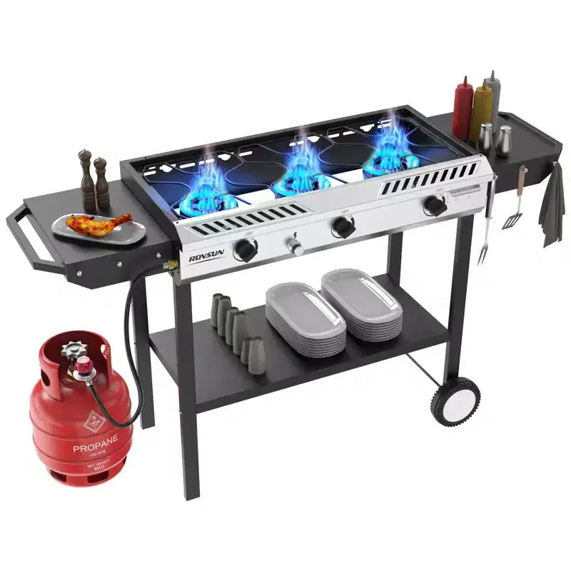 ROVSUN 3 Burner Outdoor Propane Gas Stove with Ignition, Regulator & Shelf, 225,000 BTU Powerful Stand Cooker for Backyard Patio Cooking Home Brewing