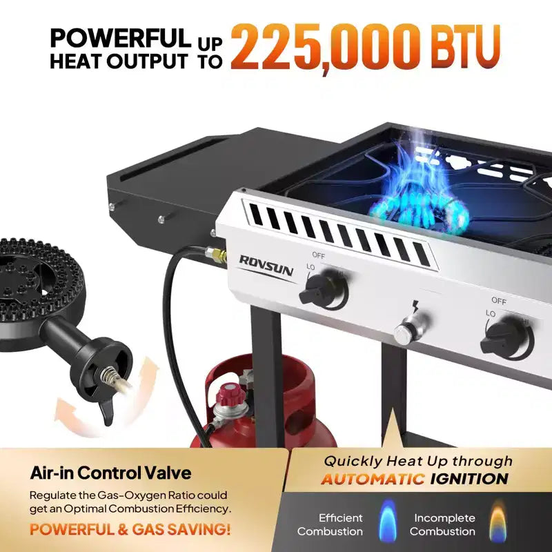 Cuisinière à gaz propane d'extérieur ROVSUN 3 brûleurs avec allumage, régulateur et tablette, réchaud puissant sur pied de 225 000 BTU pour la cuisine sur terrasse et le brassage à domicile