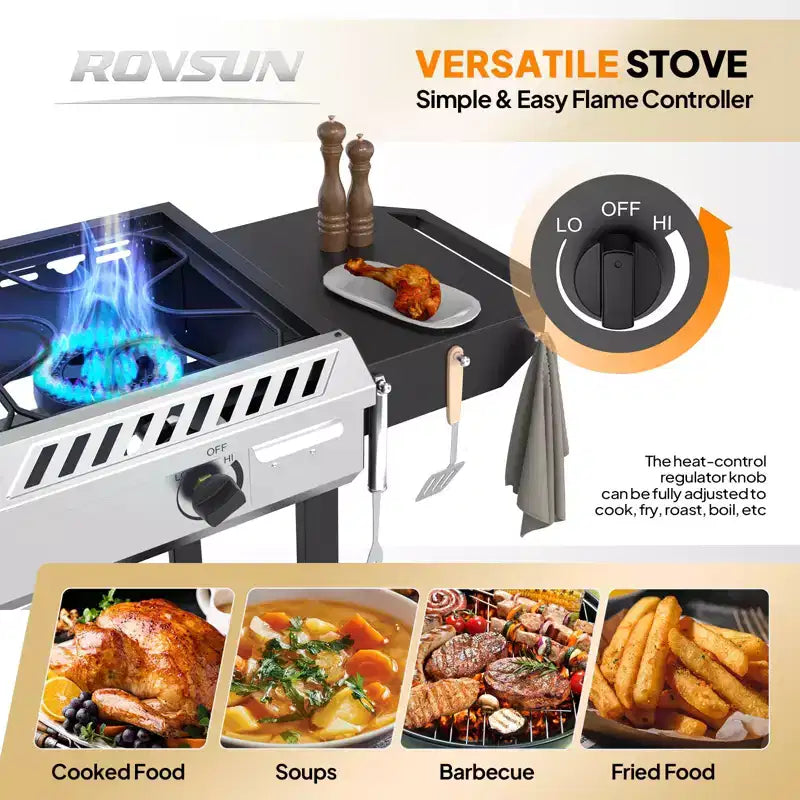 Cuisinière à gaz propane d'extérieur ROVSUN 3 brûleurs avec allumage, régulateur et tablette, réchaud puissant sur pied de 225 000 BTU pour la cuisine sur terrasse et le brassage à domicile