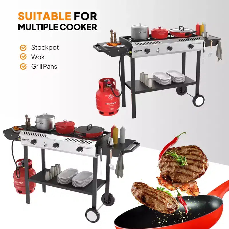 Cuisinière à gaz propane d'extérieur ROVSUN 3 brûleurs avec allumage, régulateur et tablette, réchaud puissant sur pied de 225 000 BTU pour la cuisine sur terrasse et le brassage à domicile