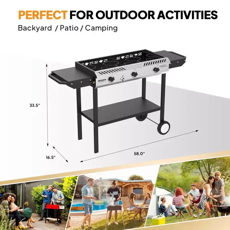 Cuisinière à gaz propane d'extérieur ROVSUN 3 brûleurs avec allumage, régulateur et tablette, réchaud puissant sur pied de 225 000 BTU pour la cuisine sur terrasse et le brassage à domicile