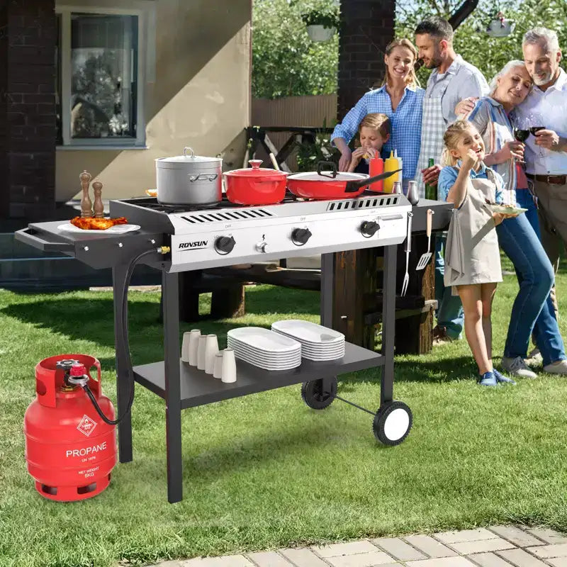 Cuisinière à gaz propane d'extérieur ROVSUN 3 brûleurs avec allumage, régulateur et tablette, réchaud puissant sur pied de 225 000 BTU pour la cuisine sur terrasse et le brassage à domicile
