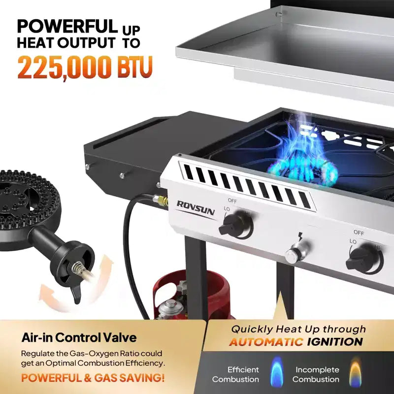 ROVSUN 3 Burner Outdoor Propane Gas Stove & Griddle Combo with Ignition, 225,000 BTU Powerful Stand Cooker for Backyard Patio Cooking Home Brewing