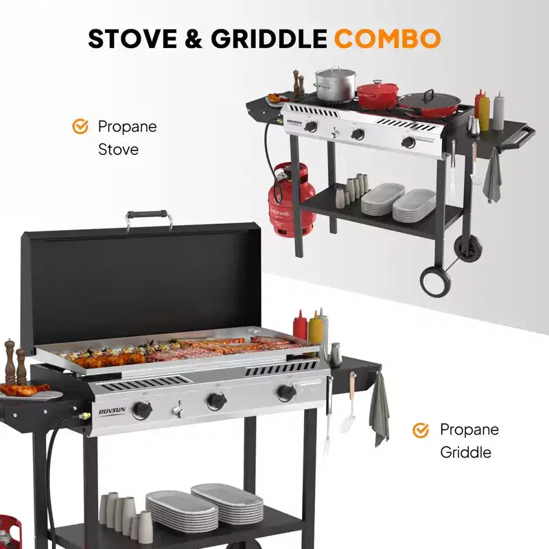 ROVSUN 3 Burner Outdoor Propane Gas Stove & Griddle Combo with Ignition, 225,000 BTU Powerful Stand Cooker for Backyard Patio Cooking Home Brewing