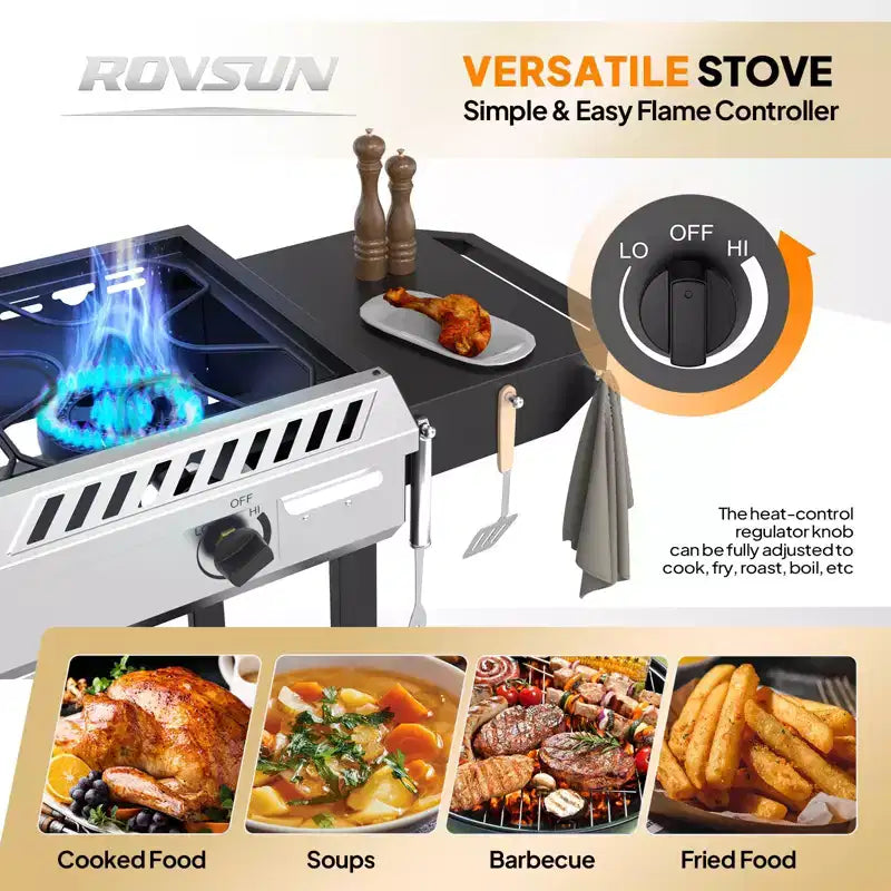 ROVSUN 3 Burner Outdoor Propane Gas Stove & Griddle Combo with Ignition, 225,000 BTU Powerful Stand Cooker for Backyard Patio Cooking Home Brewing