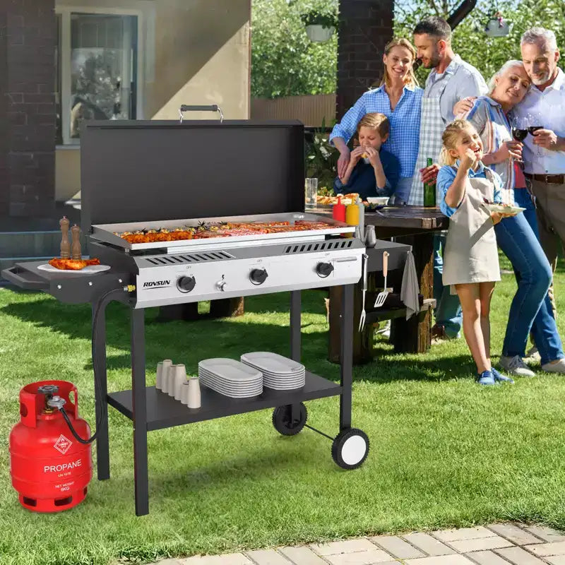 ROVSUN 3 Burner Outdoor Propane Gas Stove & Griddle Combo with Ignition, 225,000 BTU Powerful Stand Cooker for Backyard Patio Cooking Home Brewing