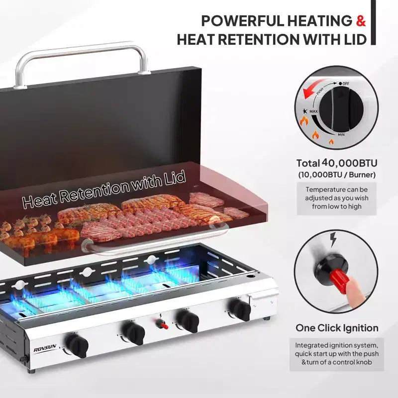 Plaque de cuisson à gaz propane 4 feux ROVSUN avec allumage et régulateur, barbecue portable 40000 BTU pour patio, jardin et cuisine extérieure