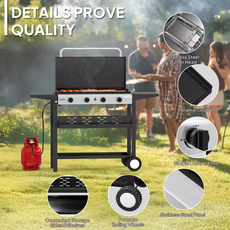 Plaque de cuisson à gaz propane 4 feux ROVSUN avec allumage et régulateur, barbecue portable 40000 BTU pour patio, jardin et cuisine extérieure