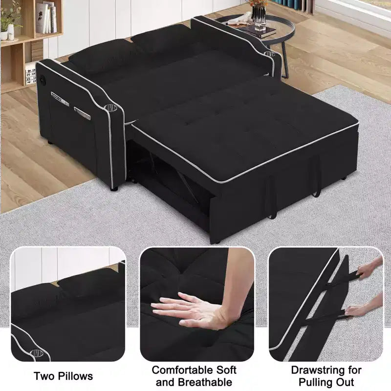 Canapé convertible 3-en-1 en velours, lit escamotable, canapé-futon moderne en velours convertible, dossier réglable et oreillers, noir