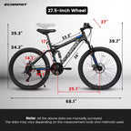 Whisen 27.5 Inch Full Suspension Mountain Bike, Front and Rear Dual Shock Absorbers, Mechanical Disc Brakes, 21-Speed