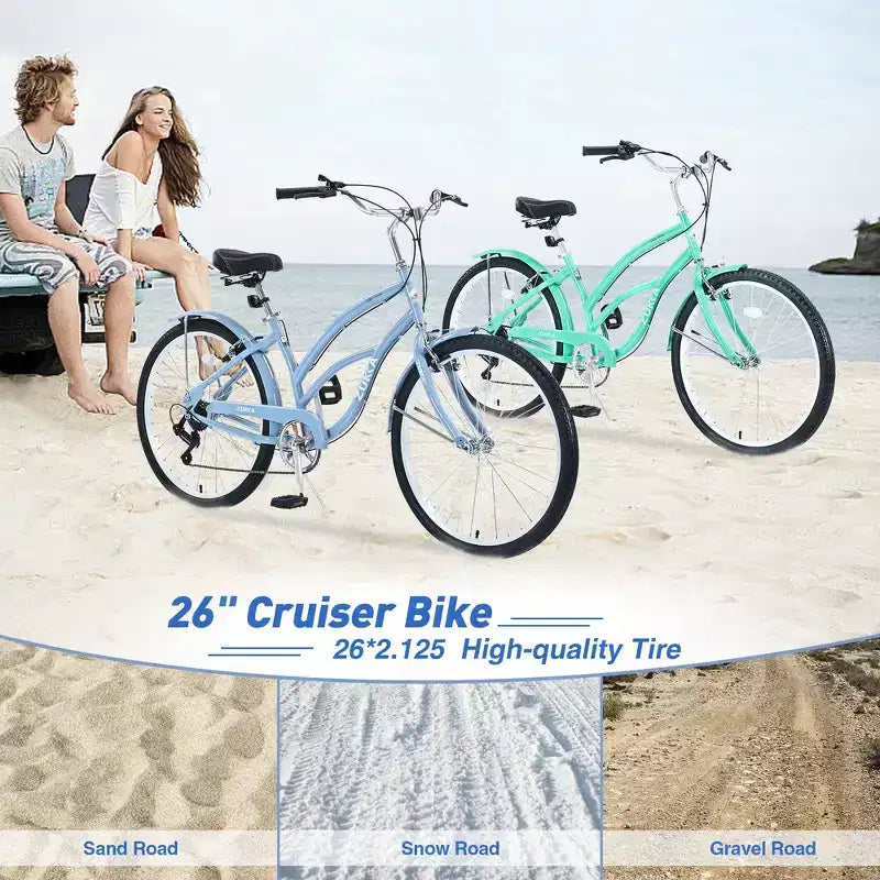 Whisen 26 Adult Women Outdoor Bikes, Beach Cruiser Bike with Steel Frame Low Swooping Frame, 7-Speed Gear