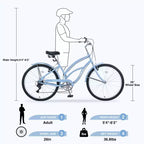 Whisen 26 Adult Women Outdoor Bikes, Beach Cruiser Bike with Steel Frame Low Swooping Frame, 7-Speed Gear