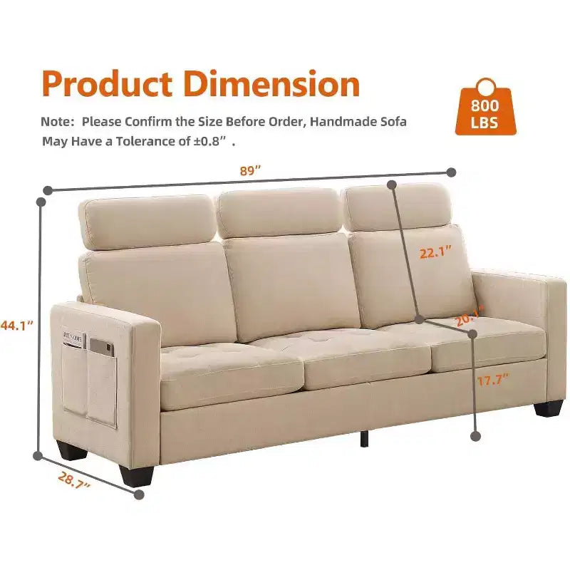 89 Inch Chenille Fabric Upholstered Sofa, Comfy Couch Sofa, Deep Seat Couches, Side Storage Pockets, for Living Room, Bedroom