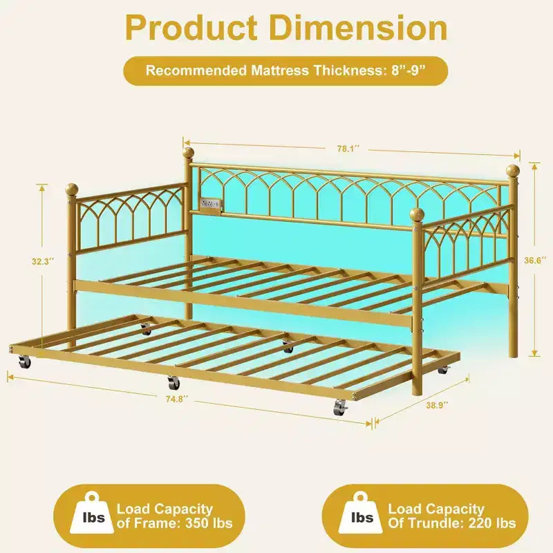 Twin Size Daybed with Trundle, Metal Twin Size Day Bed, Sofa Beds Frame with Pull Out Bed, No Box Spring Needed, for Living Room, Bedroom