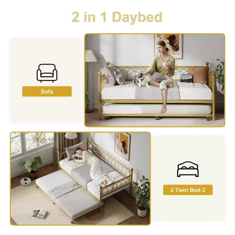 Twin Size Daybed with Trundle, Metal Twin Size Day Bed, Sofa Beds Frame with Pull Out Bed, No Box Spring Needed, for Living Room, Bedroom