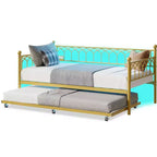 Twin Size Daybed with Trundle, Metal Twin Size Day Bed, Sofa Beds Frame with Pull Out Bed, No Box Spring Needed, for Living Room, Bedroom