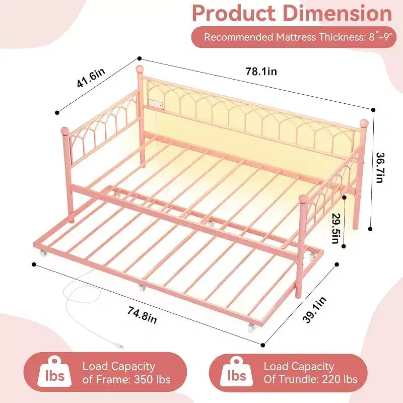 Twin Size Daybed with Trundle, Metal Twin Size Day Bed, Sofa Beds Frame with Pull Out Bed, No Box Spring Needed, for Living Room, Bedroom
