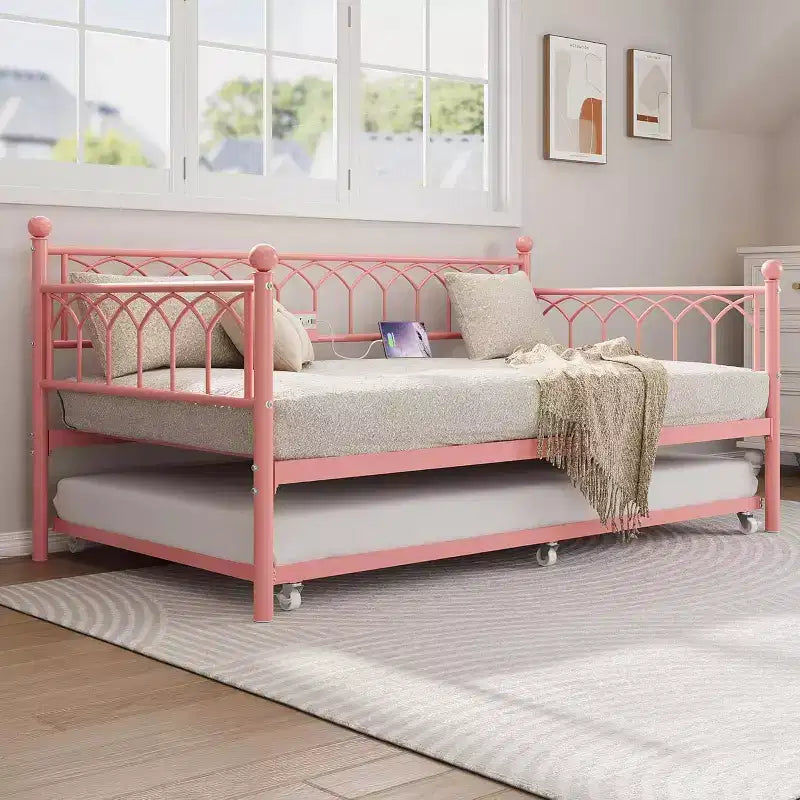 Twin Size Daybed with Trundle, Metal Twin Size Day Bed, Sofa Beds Frame with Pull Out Bed, No Box Spring Needed, for Living Room, Bedroom