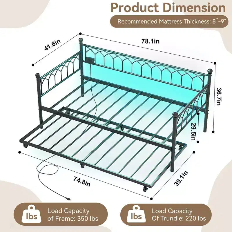 Twin Size Daybed with Trundle, Metal Twin Size Day Bed, Sofa Beds Frame with Pull Out Bed, No Box Spring Needed, for Living Room, Bedroom