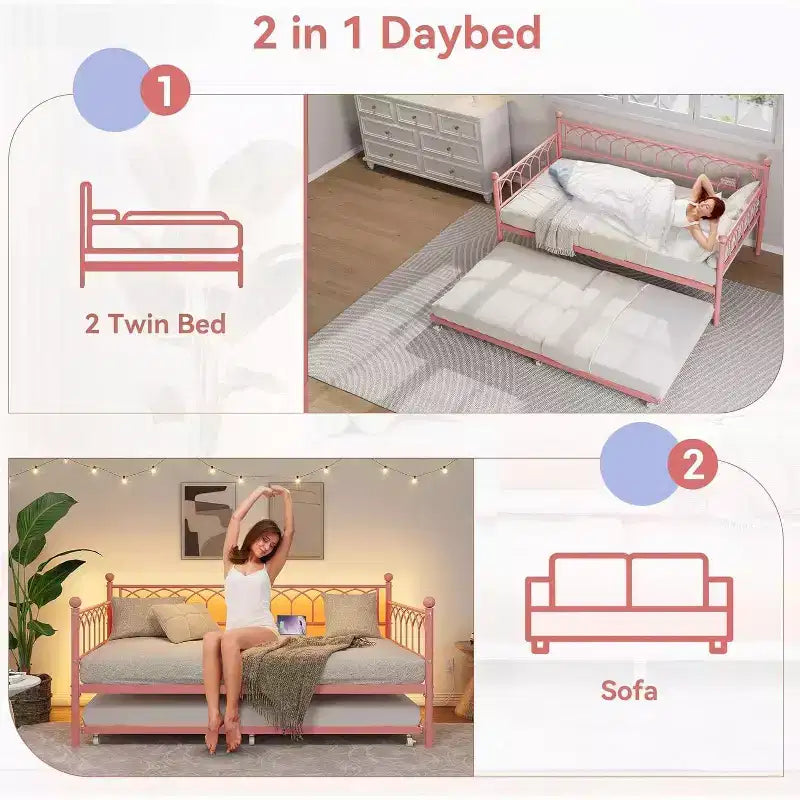 Twin Size Daybed with Trundle, Metal Twin Size Day Bed, Sofa Beds Frame with Pull Out Bed, No Box Spring Needed, for Living Room, Bedroom