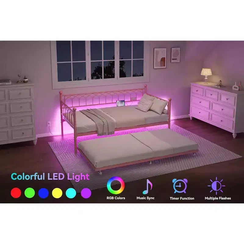 Twin Size Daybed with Trundle, Metal Twin Size Day Bed, Sofa Beds Frame with Pull Out Bed, No Box Spring Needed, for Living Room, Bedroom