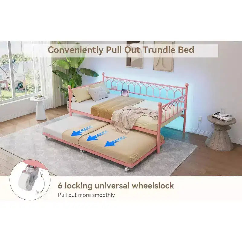 Twin Size Daybed with Trundle, Metal Twin Size Day Bed, Sofa Beds Frame with Pull Out Bed, No Box Spring Needed, for Living Room, Bedroom