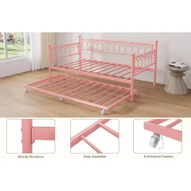 Twin Size Daybed with Trundle, Metal Twin Size Day Bed, Sofa Beds Frame with Pull Out Bed, No Box Spring Needed, for Living Room, Bedroom