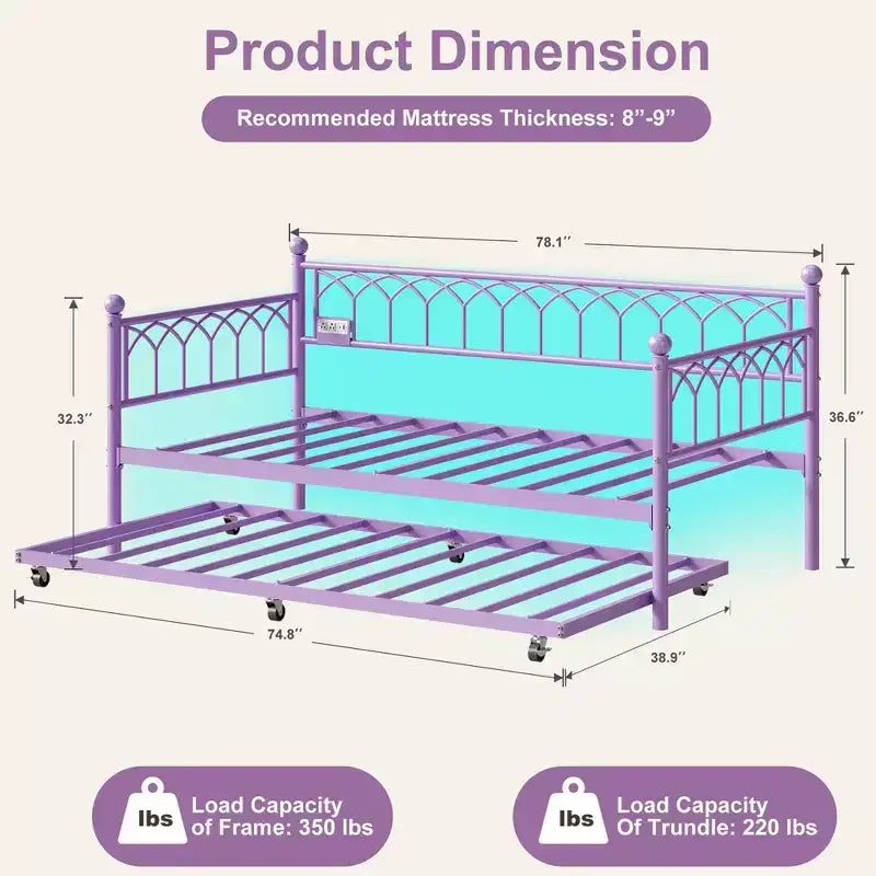 Twin Size Daybed with Trundle, Metal Twin Size Day Bed, Sofa Beds Frame with Pull Out Bed, No Box Spring Needed, for Living Room, Bedroom