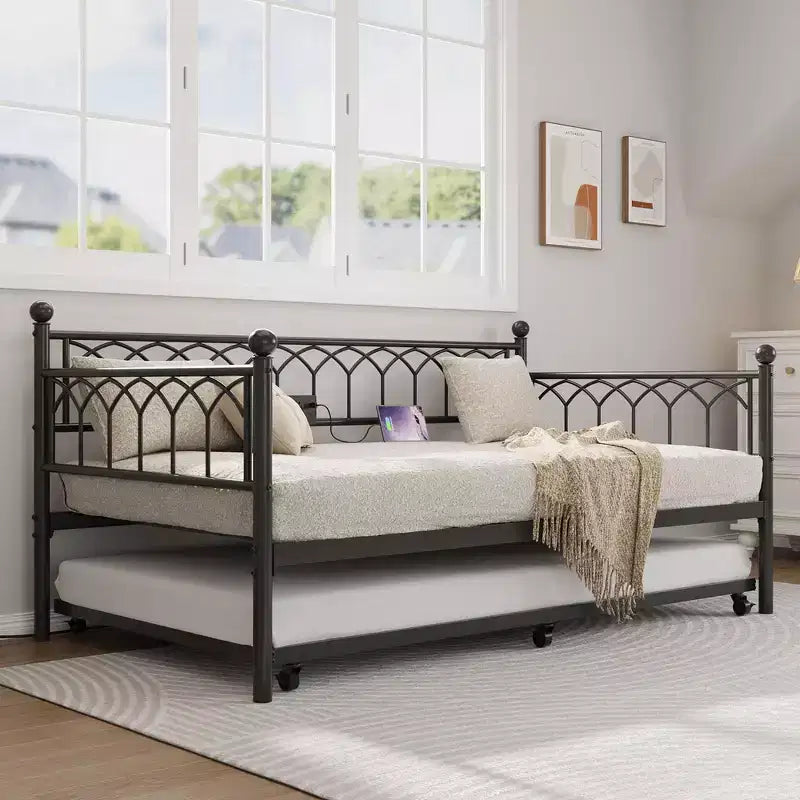 Twin Size Daybed with Trundle, Metal Twin Size Day Bed, Sofa Beds Frame with Pull Out Bed, No Box Spring Needed, for Living Room, Bedroom