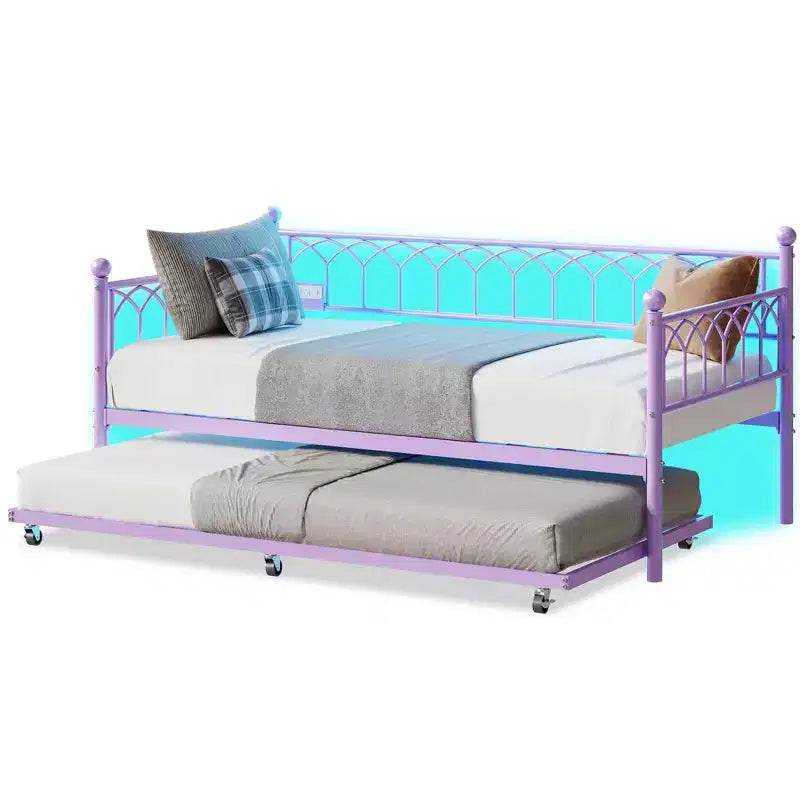 Twin Size Daybed with Trundle, Metal Twin Size Day Bed, Sofa Beds Frame with Pull Out Bed, No Box Spring Needed, for Living Room, Bedroom