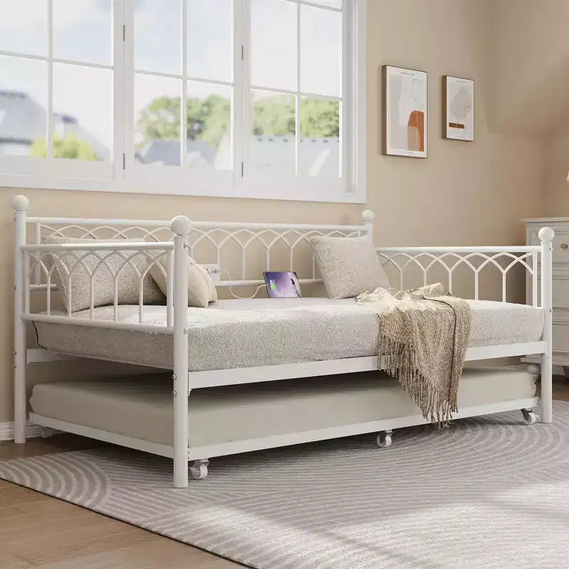 Twin Size Daybed with Trundle, Metal Twin Size Day Bed, Sofa Beds Frame with Pull Out Bed, No Box Spring Needed, for Living Room, Bedroom