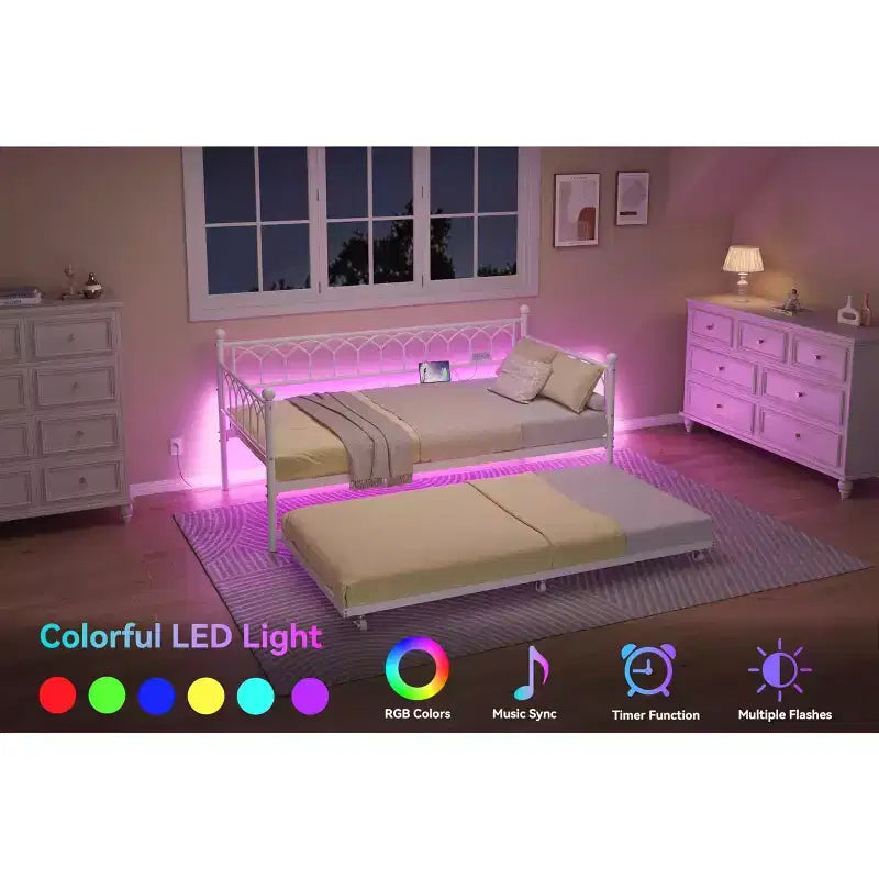 Twin Size Daybed with Trundle, Metal Twin Size Day Bed, Sofa Beds Frame with Pull Out Bed, No Box Spring Needed, for Living Room, Bedroom