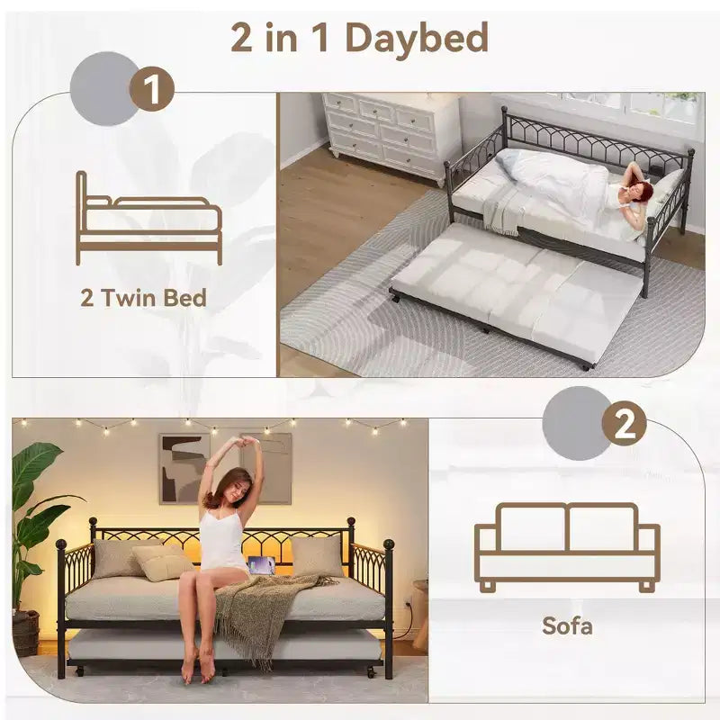 Twin Size Daybed with Trundle, Metal Twin Size Day Bed, Sofa Beds Frame with Pull Out Bed, No Box Spring Needed, for Living Room, Bedroom