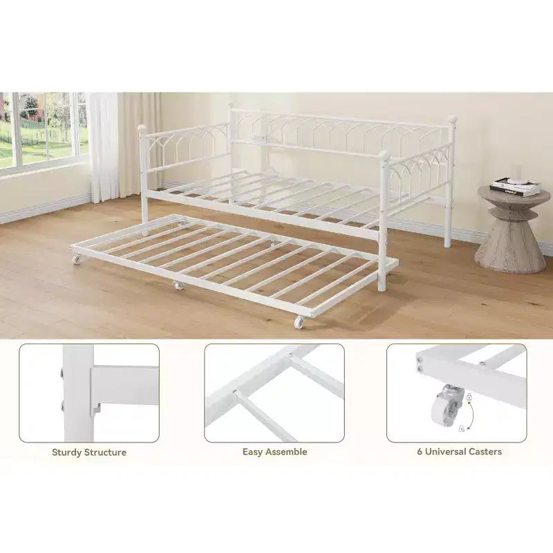 Twin Size Daybed with Trundle, Metal Twin Size Day Bed, Sofa Beds Frame with Pull Out Bed, No Box Spring Needed, for Living Room, Bedroom