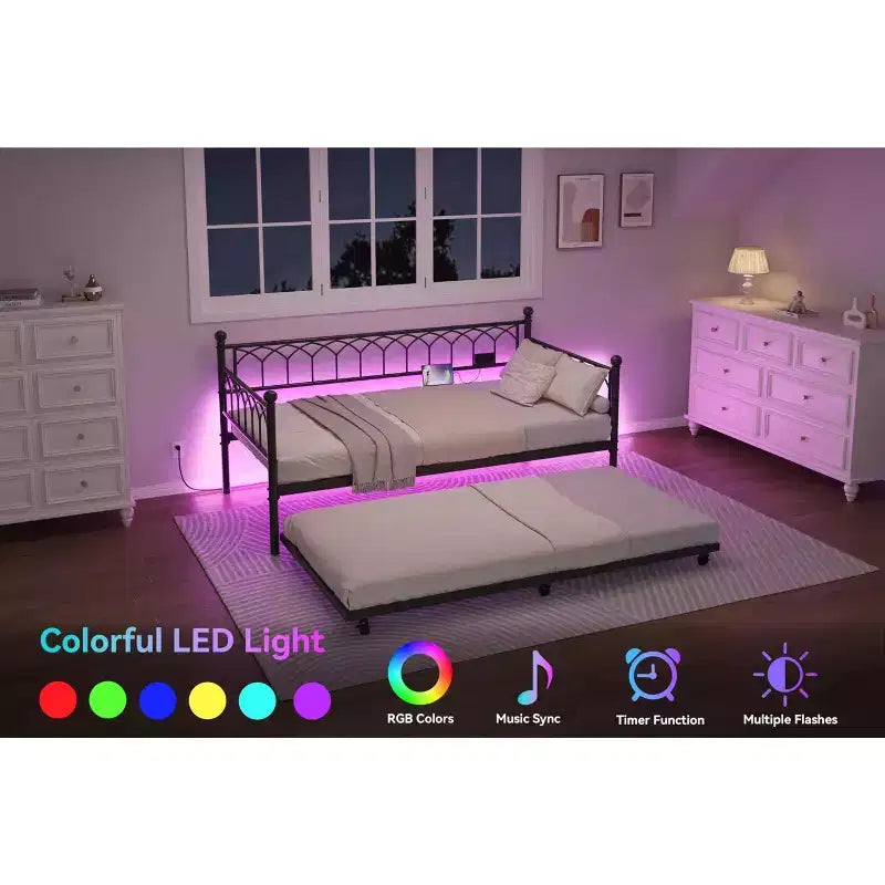 Twin Size Daybed with Trundle, Metal Twin Size Day Bed, Sofa Beds Frame with Pull Out Bed, No Box Spring Needed, for Living Room, Bedroom