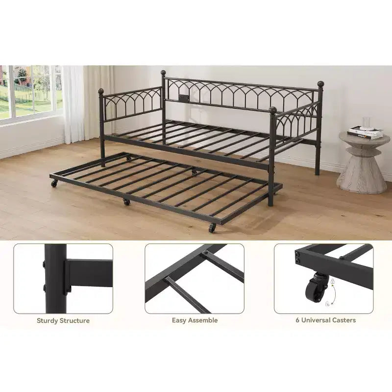 Twin Size Daybed with Trundle, Metal Twin Size Day Bed, Sofa Beds Frame with Pull Out Bed, No Box Spring Needed, for Living Room, Bedroom