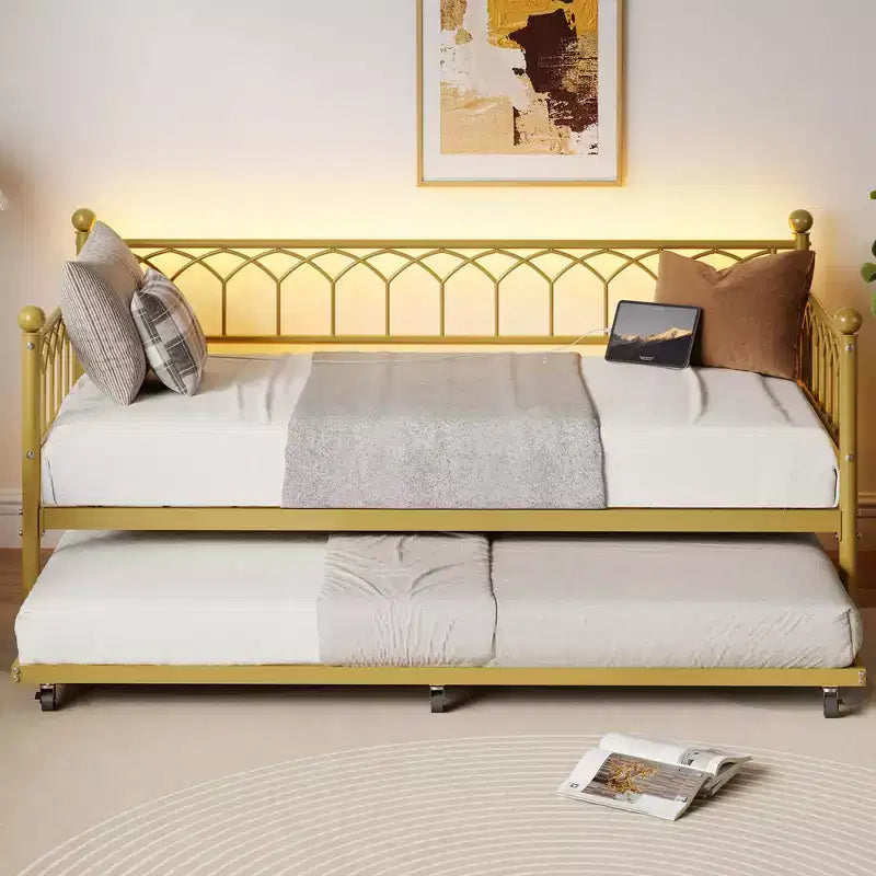 Twin Size Daybed with Trundle, Metal Twin Size Day Bed, Sofa Beds Frame with Pull Out Bed, No Box Spring Needed, for Living Room, Bedroom