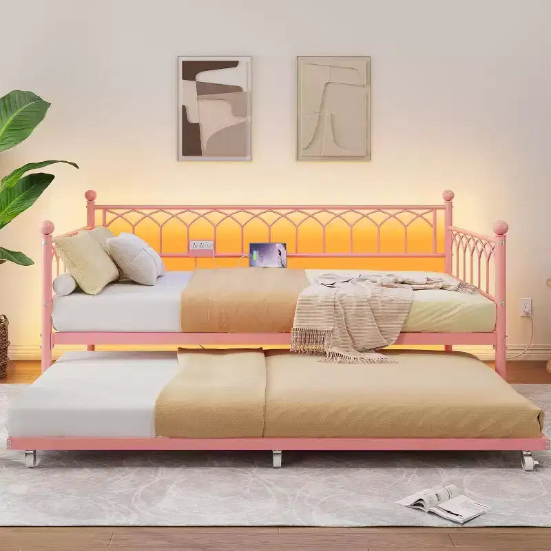 Twin Size Daybed with Trundle, Metal Twin Size Day Bed, Sofa Beds Frame with Pull Out Bed, No Box Spring Needed, for Living Room, Bedroom