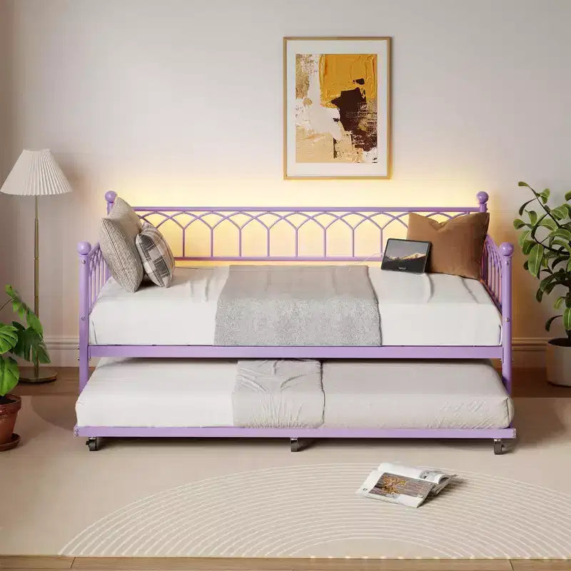 Twin Size Daybed with Trundle, Metal Twin Size Day Bed, Sofa Beds Frame with Pull Out Bed, No Box Spring Needed, for Living Room, Bedroom