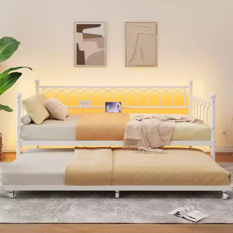 Twin Size Daybed with Trundle, Metal Twin Size Day Bed, Sofa Beds Frame with Pull Out Bed, No Box Spring Needed, for Living Room, Bedroom