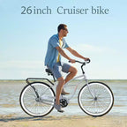 Whisen 26 Men's Beach Cruiser Bike, Single Speed Bicycles with Steel Frame, Wide Wheels for Stability