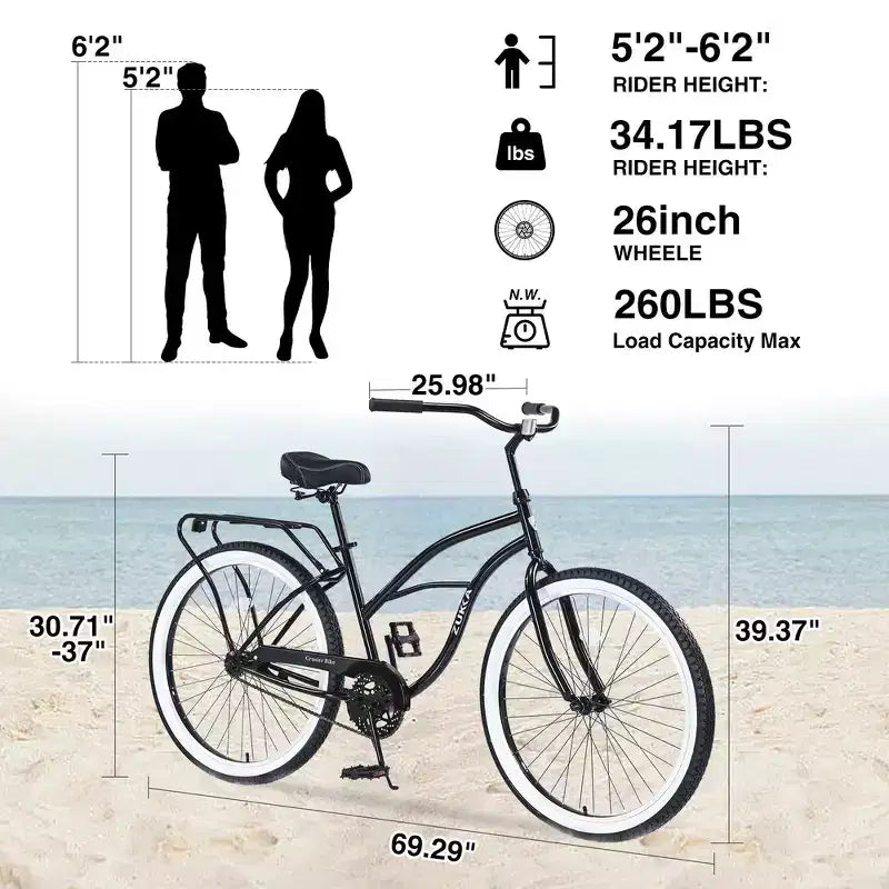 Whisen 26 Men's Beach Cruiser Bike, Single Speed Bicycles with Steel Frame, Wide Wheels for Stability