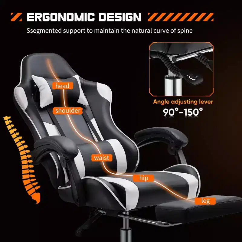 Chaise de jeu ergonomique Okak avec repose-pieds et soutien lombaire, chaise d'ordinateur avec appuie-tête et accoudoir, chaise à roulettes pour l'étude et le bureau