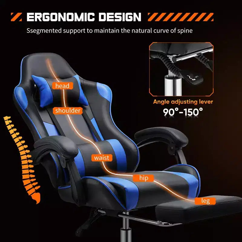 Chaise de jeu ergonomique Okak avec repose-pieds et soutien lombaire, chaise d'ordinateur avec appuie-tête et accoudoir, chaise à roulettes pour l'étude et le bureau