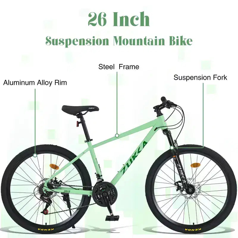 Whisen 26 Suspension Mountain Bike with 8-Speed Rear Derailleur, Fork KENDA Tires, Double Disc Brakes