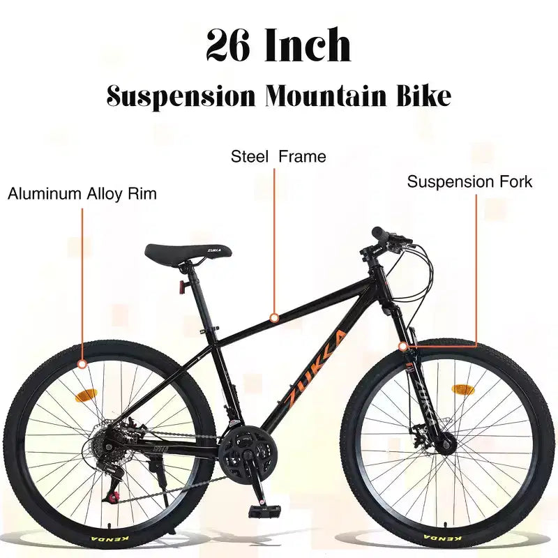 Whisen 26 Suspension Mountain Bike with 8-Speed Rear Derailleur, Fork KENDA Tires, Double Disc Brakes
