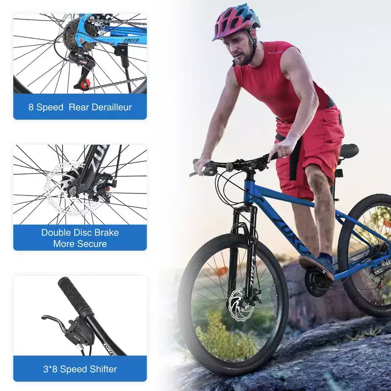 Whisen 26 Suspension Mountain Bike with 8-Speed Rear Derailleur, Fork KENDA Tires, Double Disc Brakes