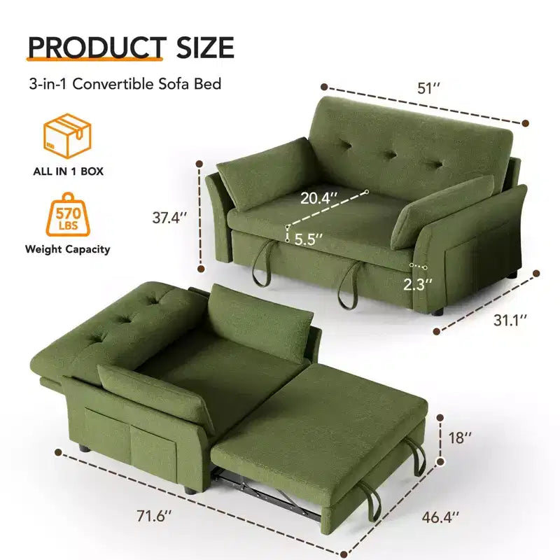Canapé convertible Dyonery en chenille, causeuse dépliante 3-en-1 avec dossier inclinable 5 positions, poche latérale et assemblage sans outils